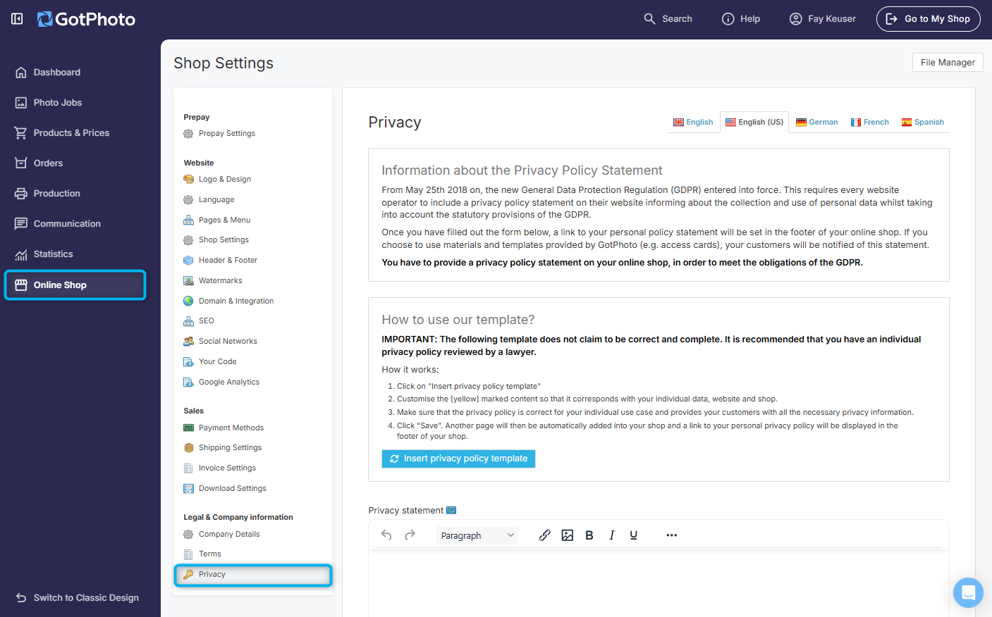 Privacy settings page screenshot