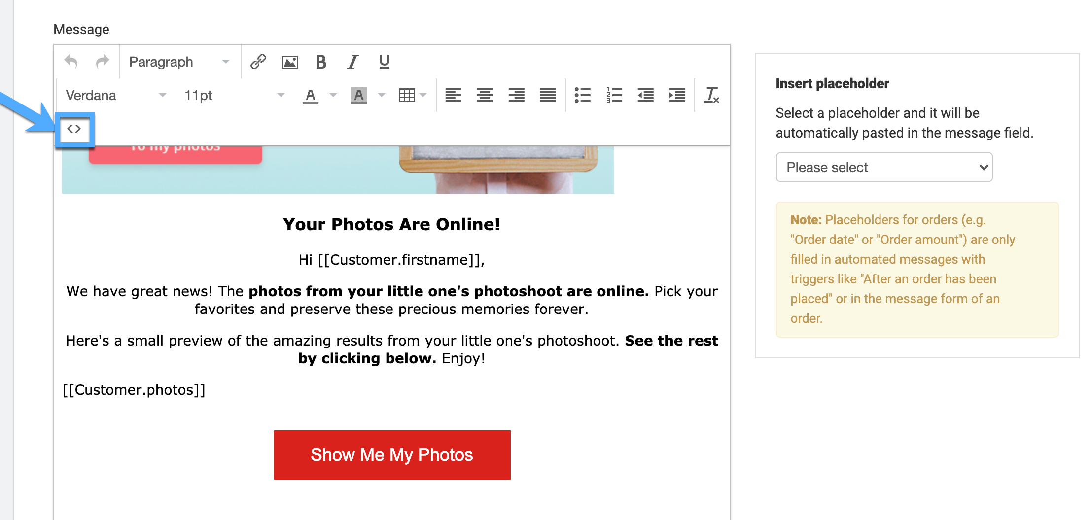 Email editor toolbar with the source code button highlighted