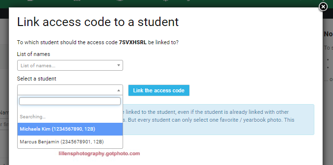Search and link interface with a list of student names.