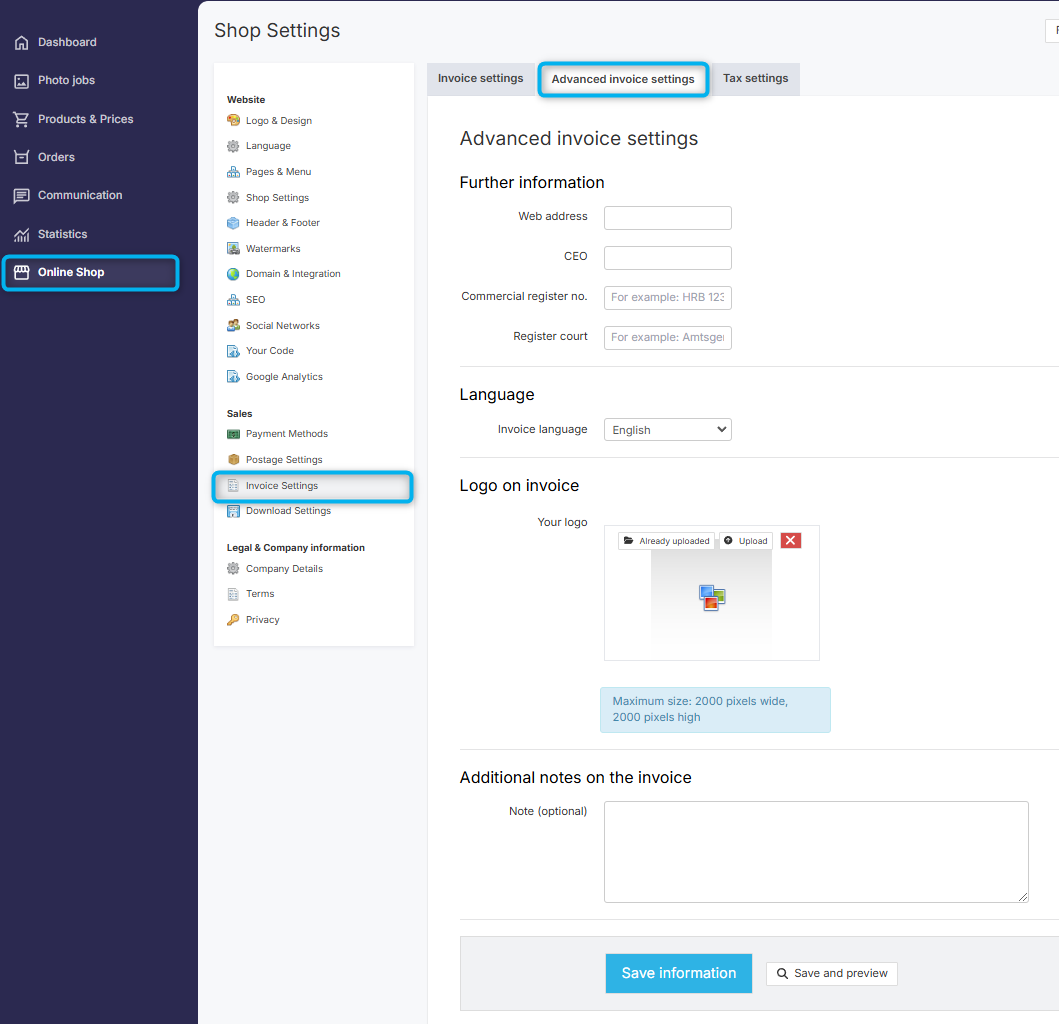 Advanced invoice settings options in GotPhoto