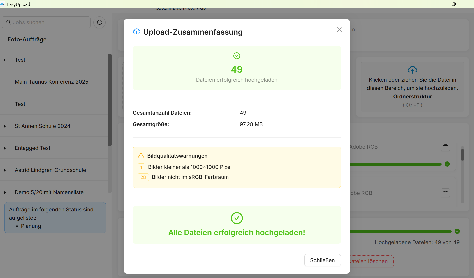 Upload erfolgreich – Bestätigungshinweis