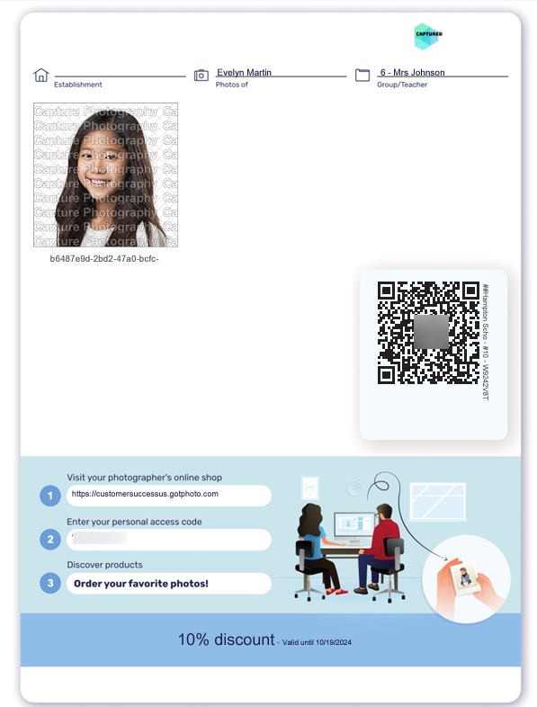 Example contact sheet layout with customer images and info