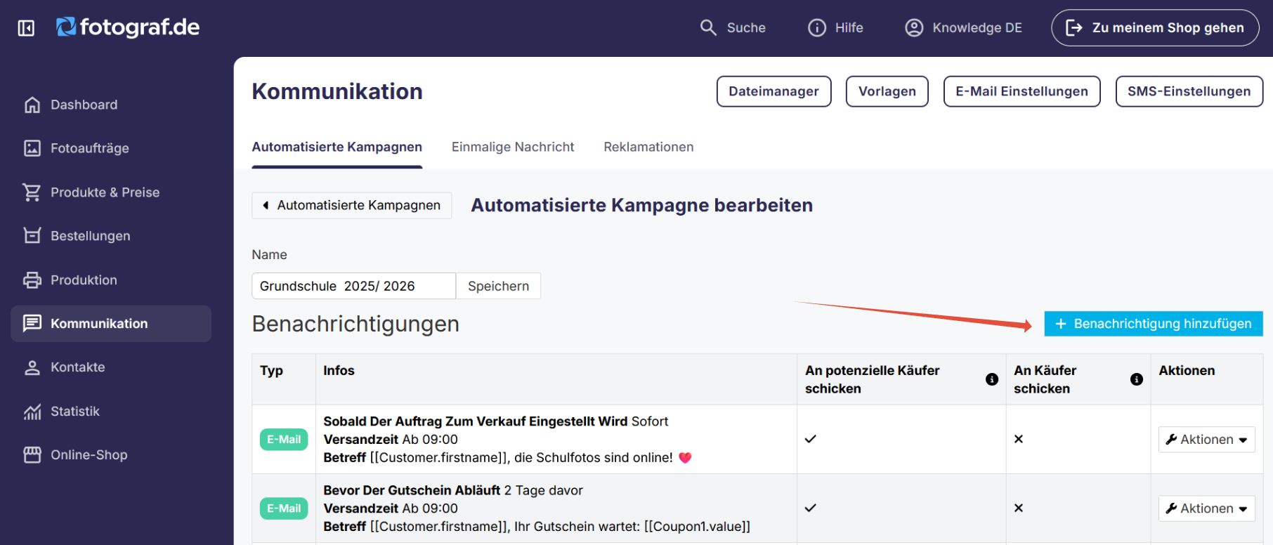 Benachrichtigung hinzufügen