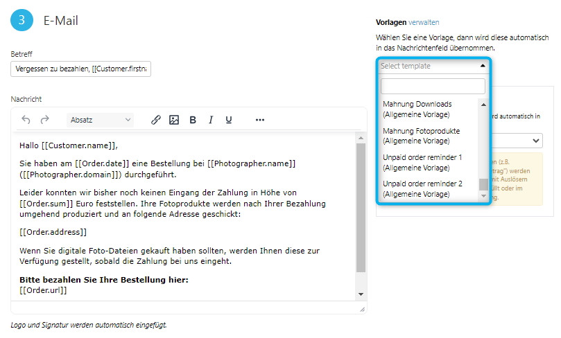Screenshot: Vorlage für Zahlungserinnerung erstellen