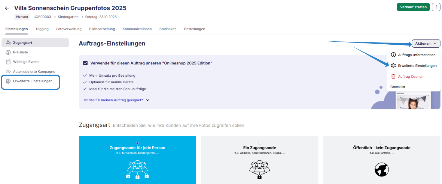 Auftragsregistrierung aktivieren und auf optional stellen
