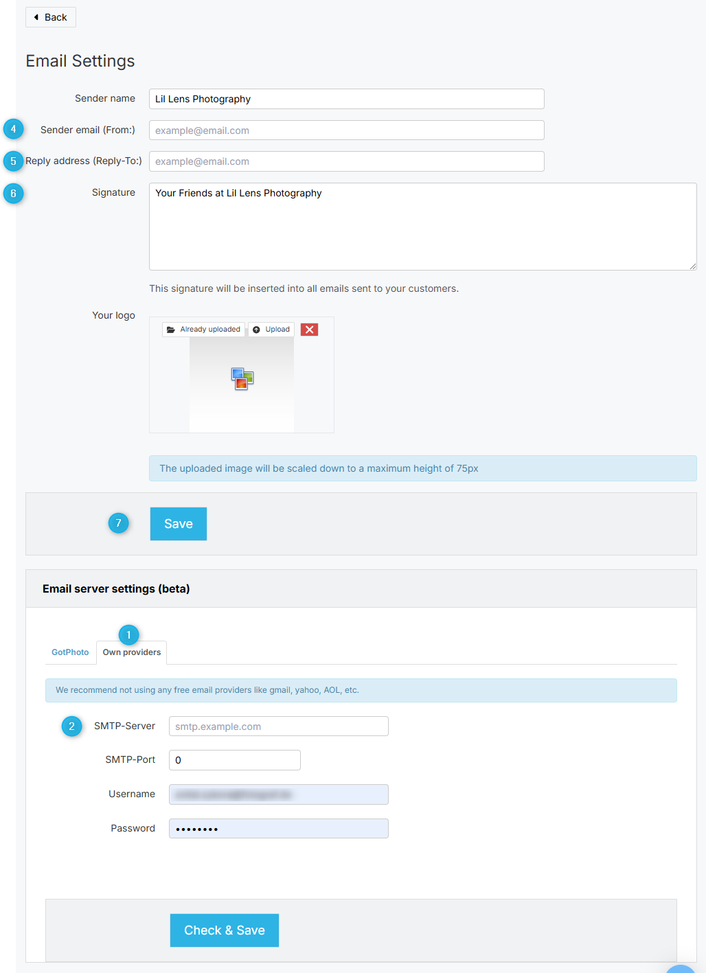 Email settings page showing own provider SMTP options