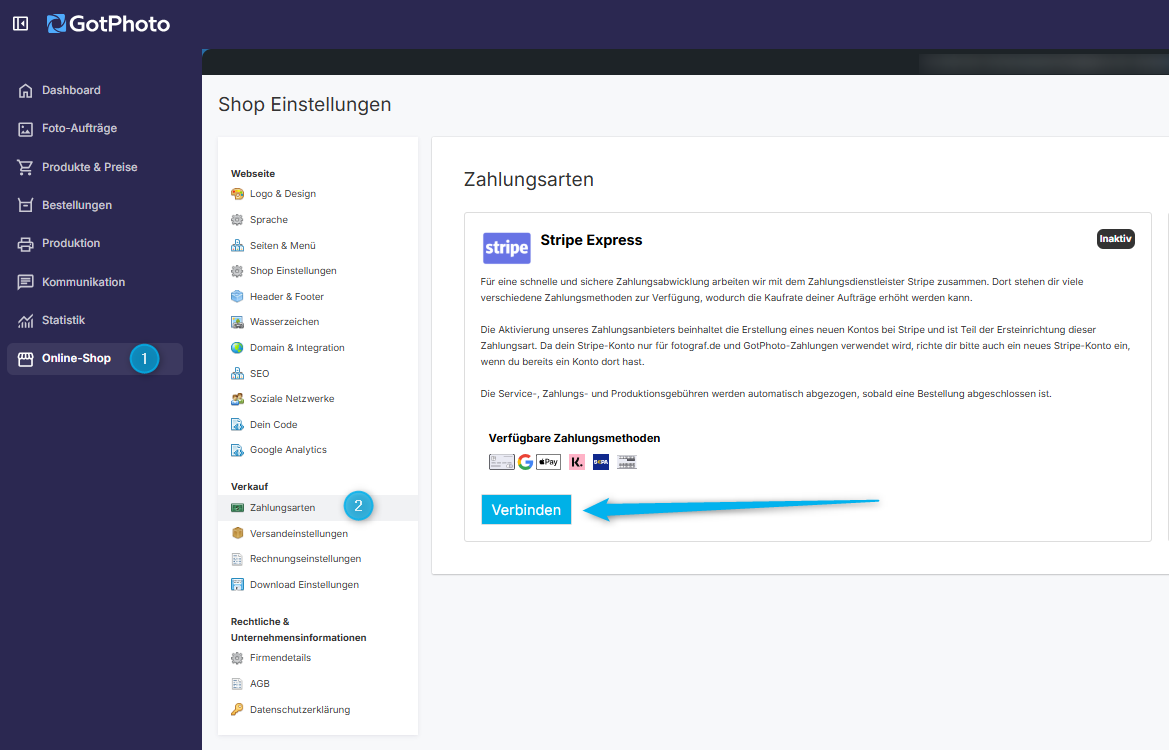Screenshot: Stripe im Dashboard verbinden