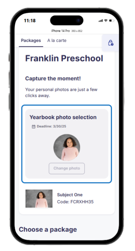 Yearbook photo section with child's portrait, highlighted by a blue box