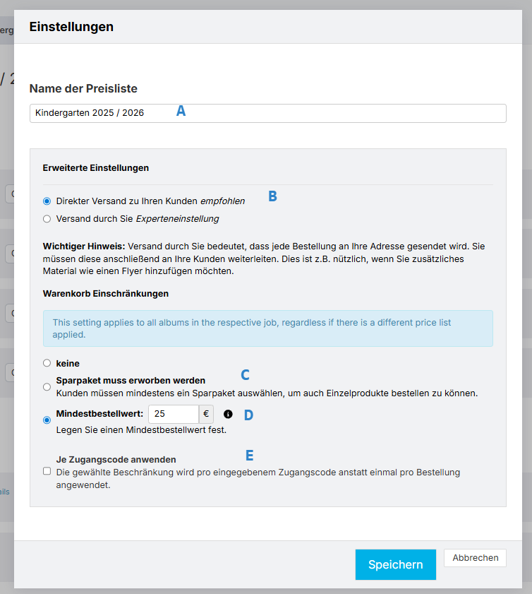 Übersicht der Preisprofil-Einstellungen