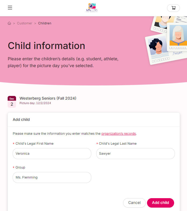 Child information form with fields for child's first name, last name, and group.