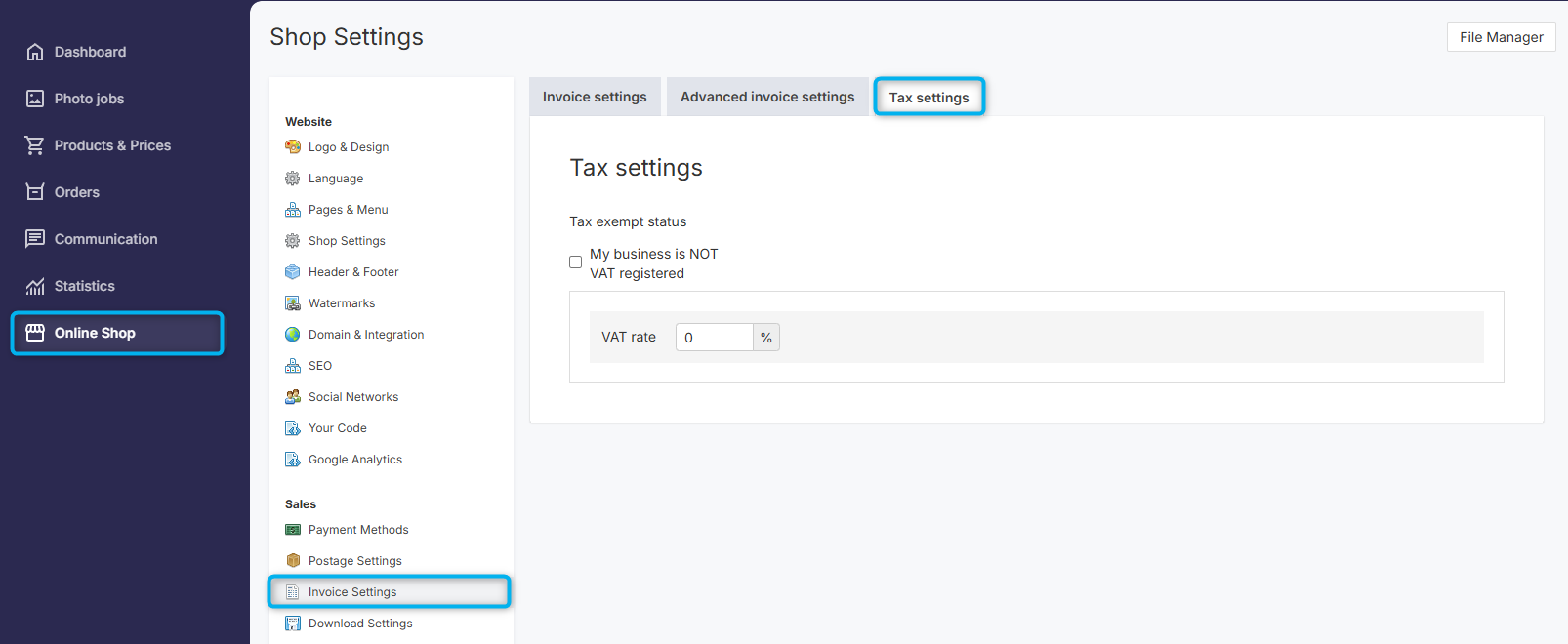 VAT rate settings screen