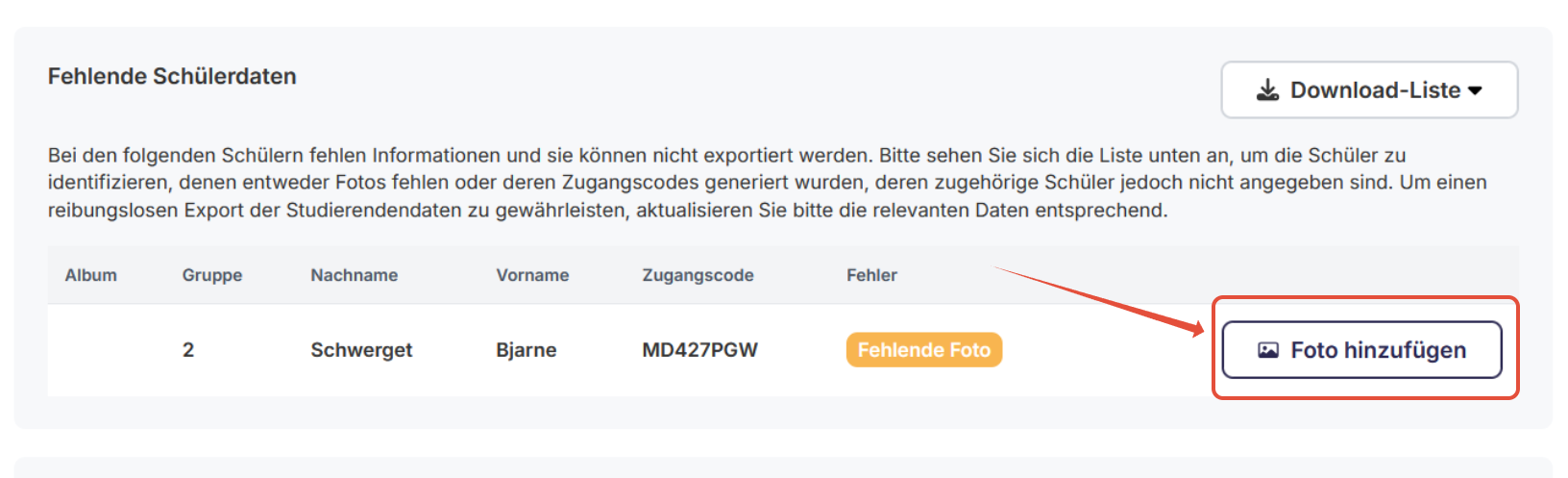 Foto hinzufügen Bereich