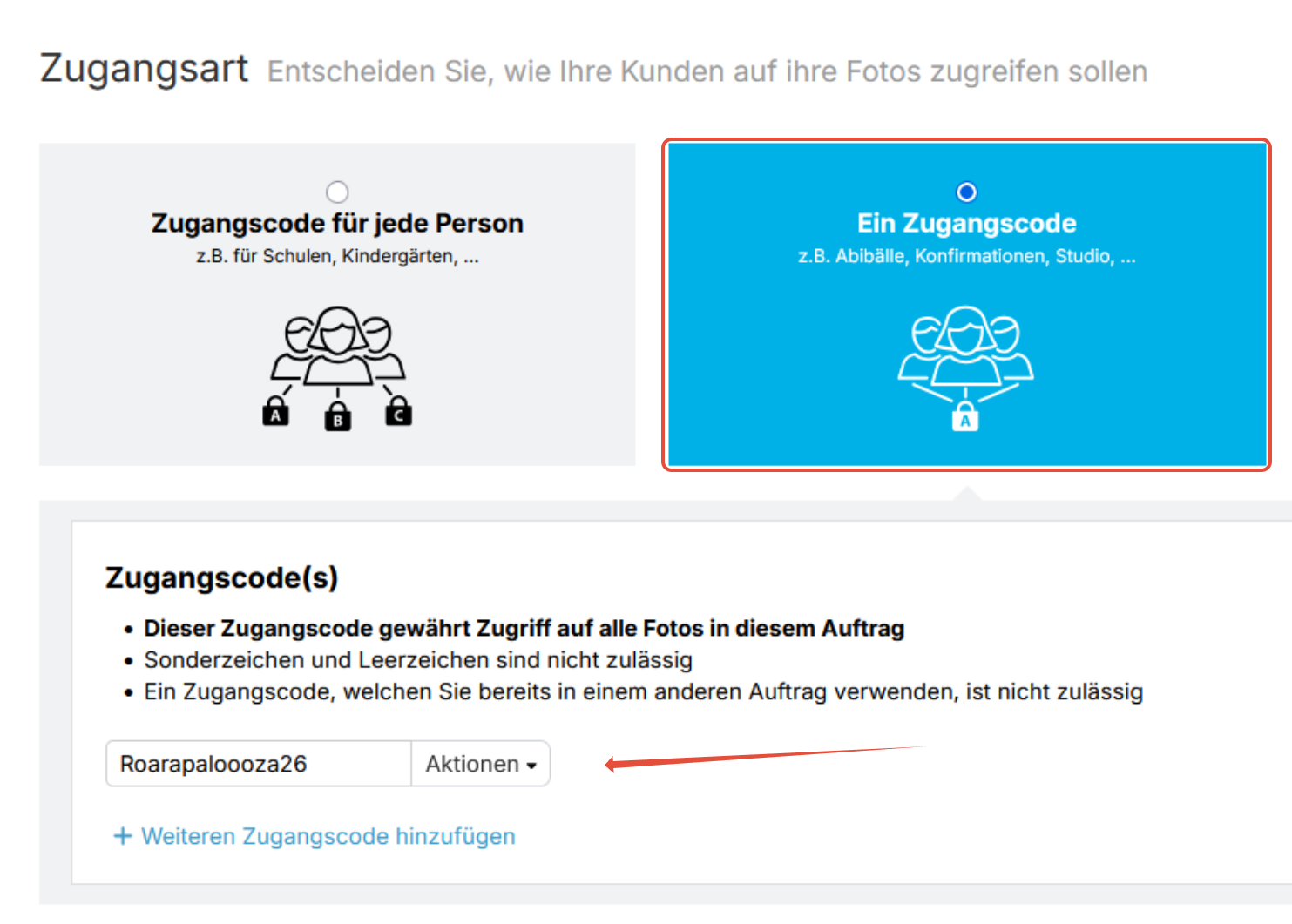 Einstellungen für die Zugangsart Ein Zugangscode.
