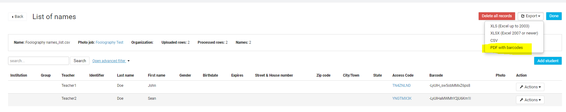 A dropdown menu showing the export option for PDF with barcodes