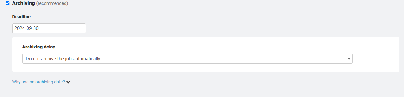 Archiving settings screen with deadline set and auto-archiving disabled.