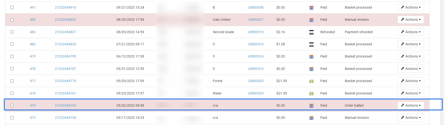 Manual Revision tab showing a broken order highlighted in red with the status Order halted.