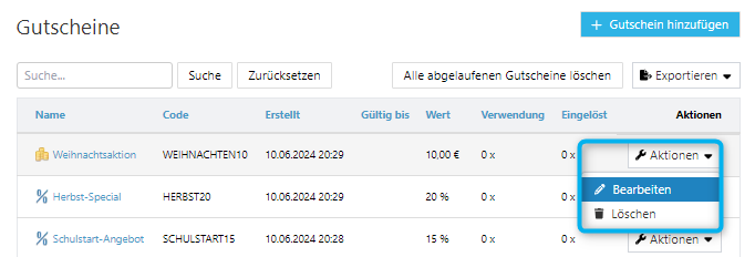 Bearbeitungsoptionen für Gutscheincodes