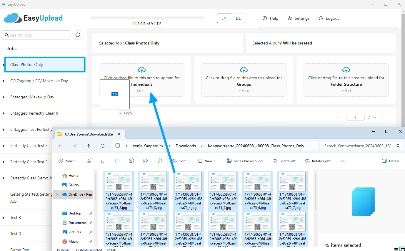 Screenshot of photo management upload interface.