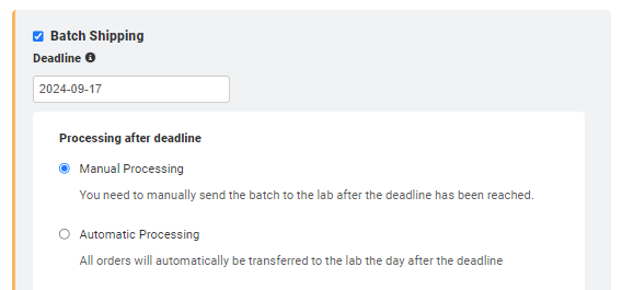 Batch shipping enabled in job settings, deadline set, manual processing selected.