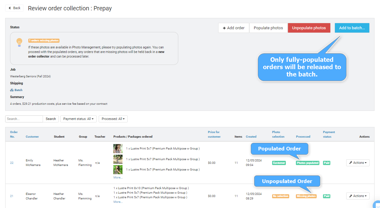 Screenshot of order review screen with 'Send to lab' button.