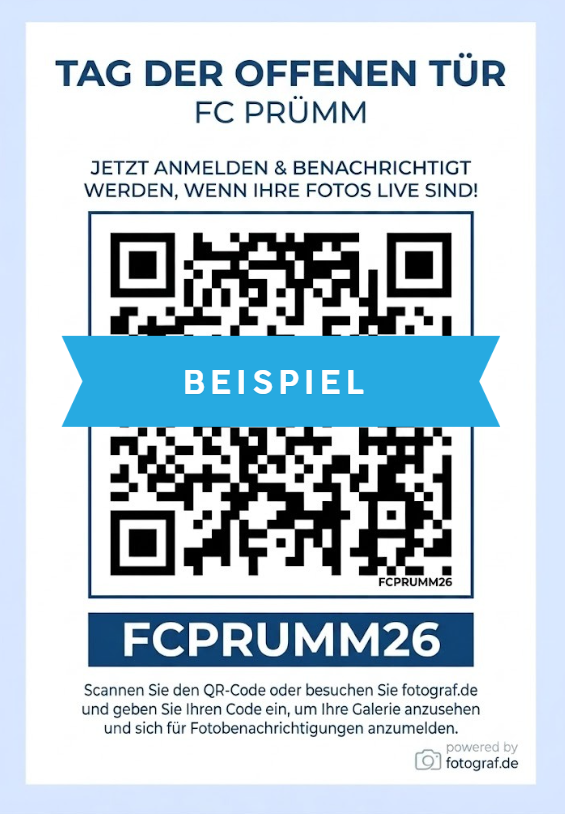 Beispiel für einen Veranstaltungsflyer mit QR-Code für den Zugriff auf die Galerie und Galeriebenachrichtigungen.