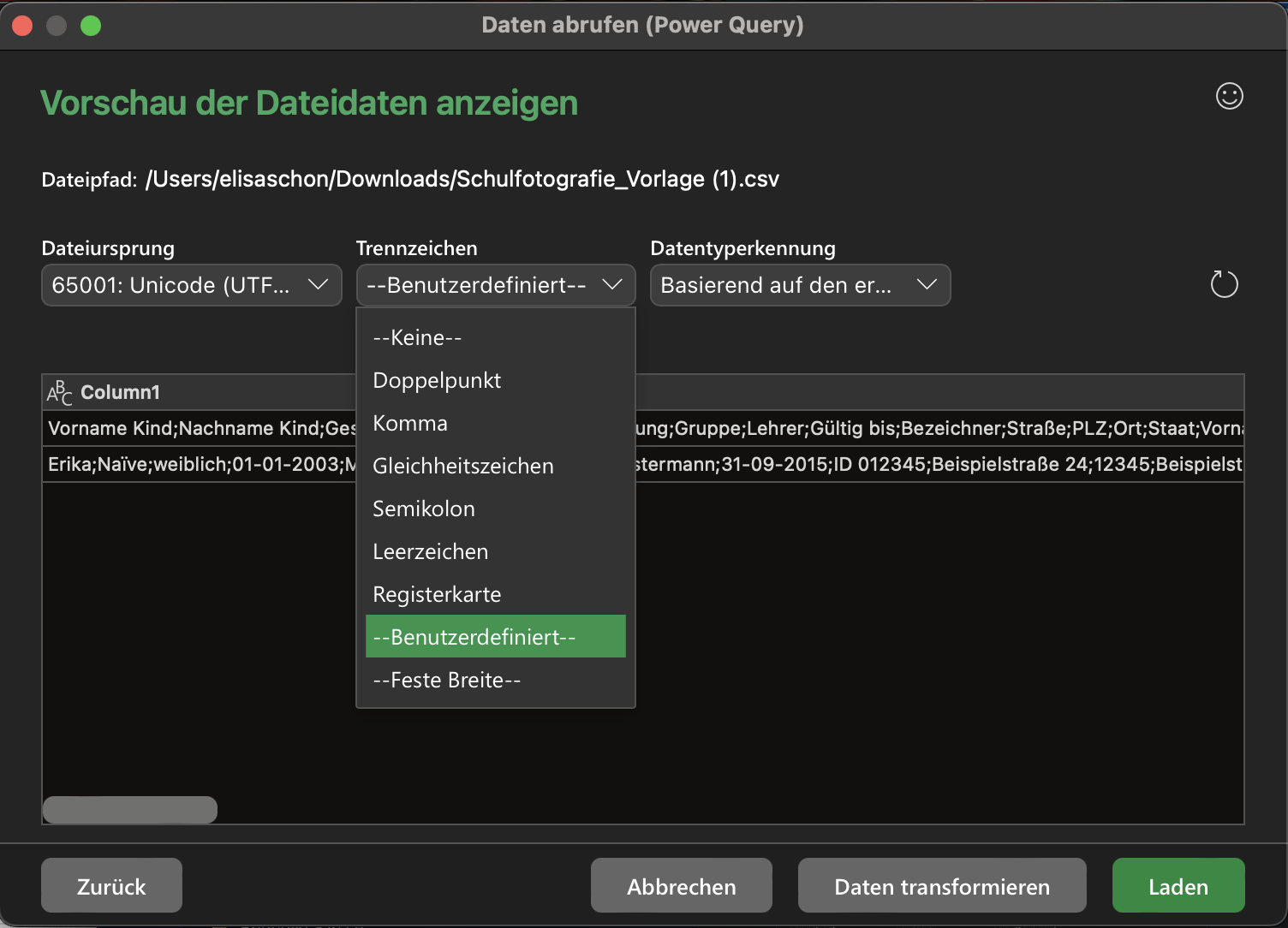 Der Textimport-Assistent in einer Tabellenkalkulationssoftware zeigt die Option 'Getrennt' zur Auswahl der Datentrennung und den 'Weiter'-Button.