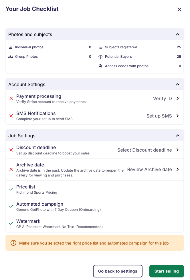 Go-Live Checklist panel highlighting incomplete settings before switching a job to Selling.