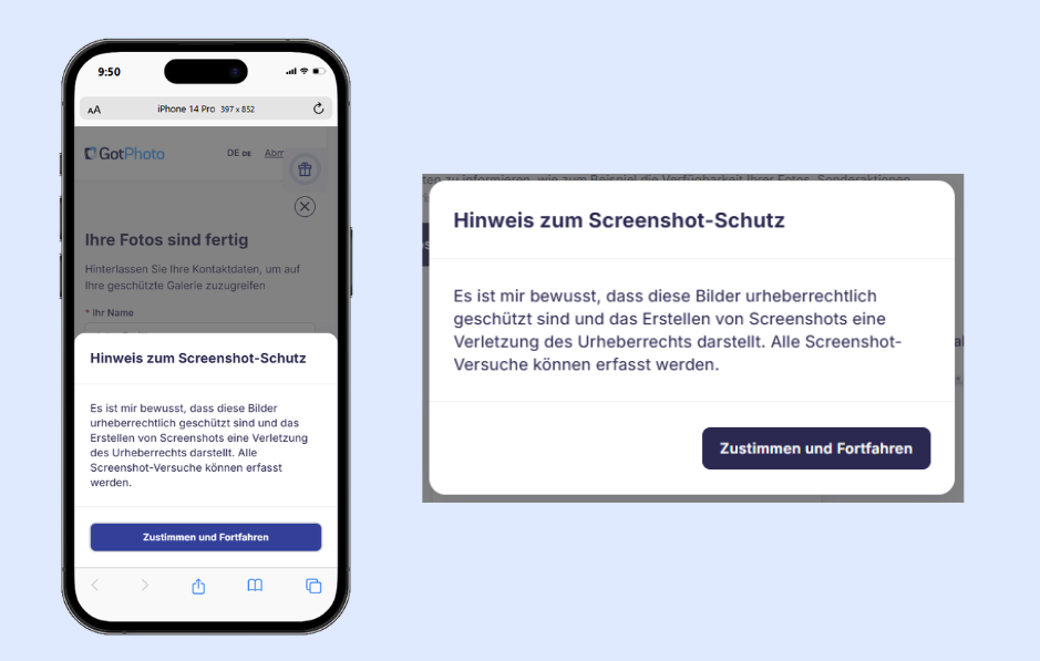 Screenshot-Schutz-Hinweis im neuen Shop auf Desktop und Mobil